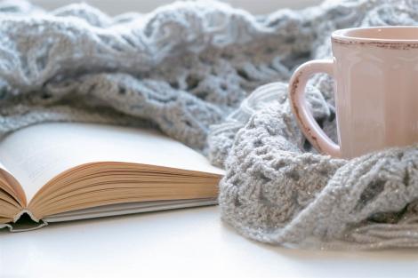 a book, a pink mug, and a cozy-looking gray scarf